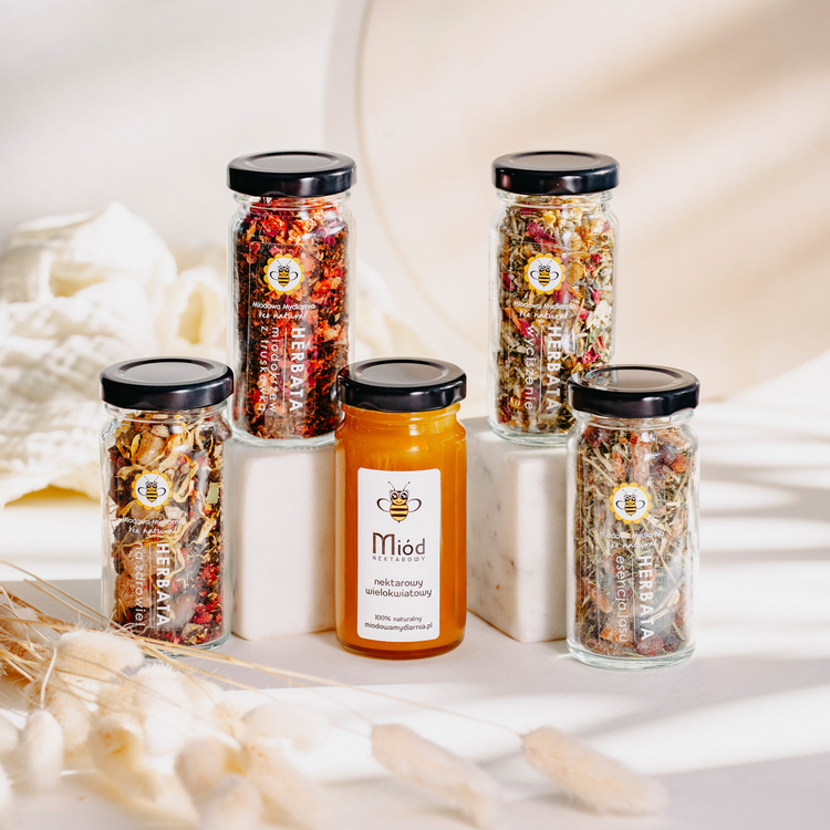 Zestaw Herbat z Miodem Wielokwiatowym - box prezentowy z czerwoną kokardką