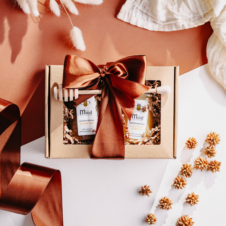 Dwa Dowolne Miody + Nabierak - zestaw prezentowy ze złotą kokardką