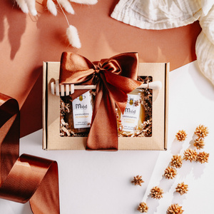 Dwa Dowolne Miody + Nabierak - zestaw prezentowy ze złotą kokardką