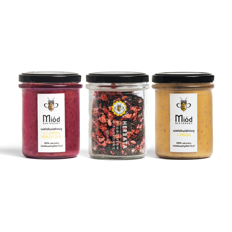 Elegancki zestaw: 2 miody z owocami + herbata Miodokrzew z truskawką