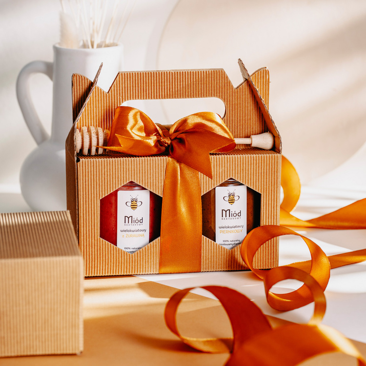 Dwa Wybrane Miody - box prezentowy z kokardą w kolorze ciemnego złota