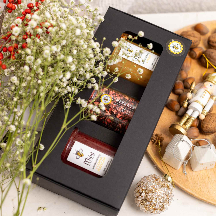 Elegancki zestaw: 2 miody z owocami + herbata Miodokrzew z truskawką