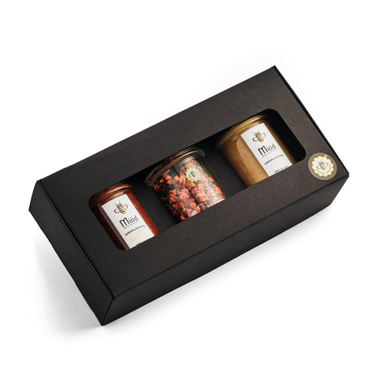 Elegancki zestaw: 2 miody z owocami + herbata Miodokrzew z truskawką