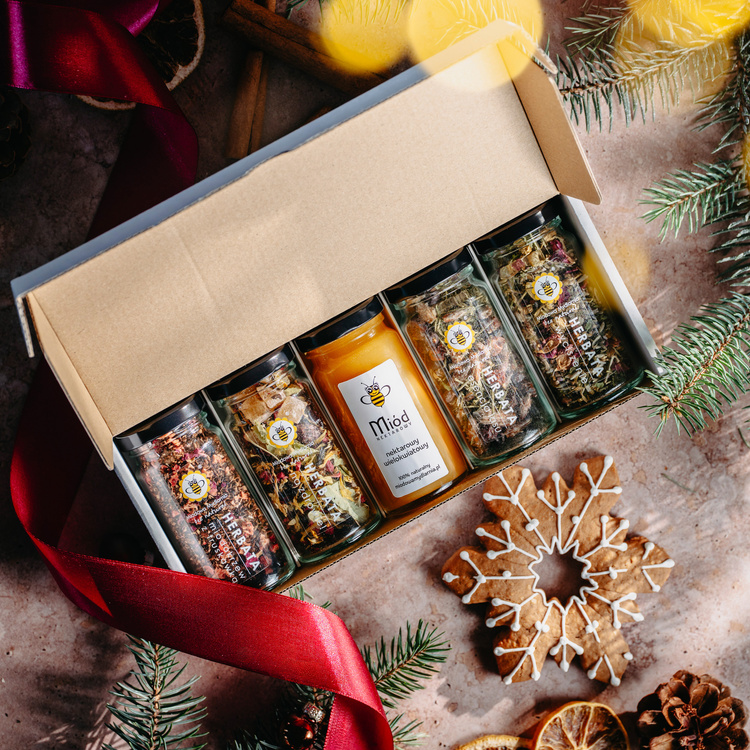 Zestaw Herbat z Miodem Wielokwiatowym - box prezentowy z czerwoną kokardką