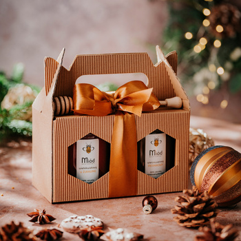 Dwa Wybrane Miody - box prezentowy z kokardą w kolorze ciemnego złota