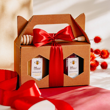 Dwa Wybrane Miody - box prezentowy z kokardą w kolorze bordowym