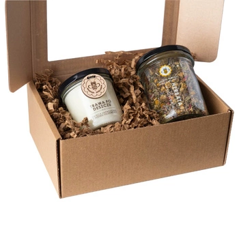 Zestaw herbata Wyciszenie + świeca Trawa po deszczu - eko box prezentowy