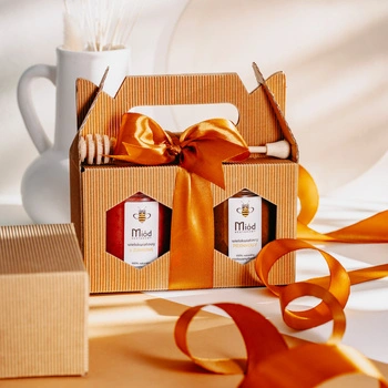 Dwa Wybrane Miody - box prezentowy z kokardą w kolorze ciemnego złota